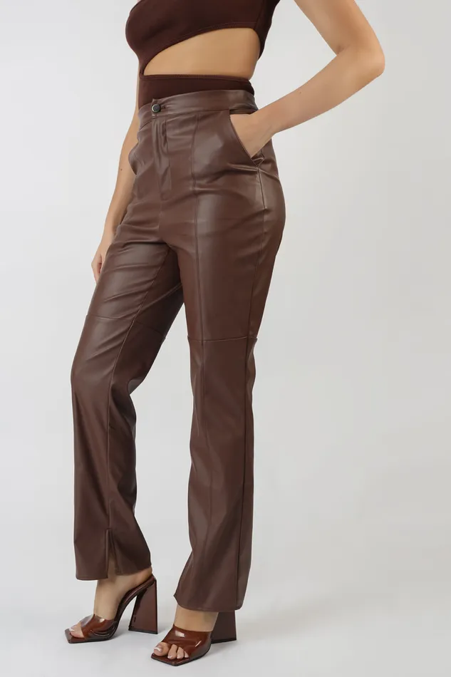 Women Pu Seam Front Split Detail Trousers Chocolate Kaiia Brown Public Desire Trousers