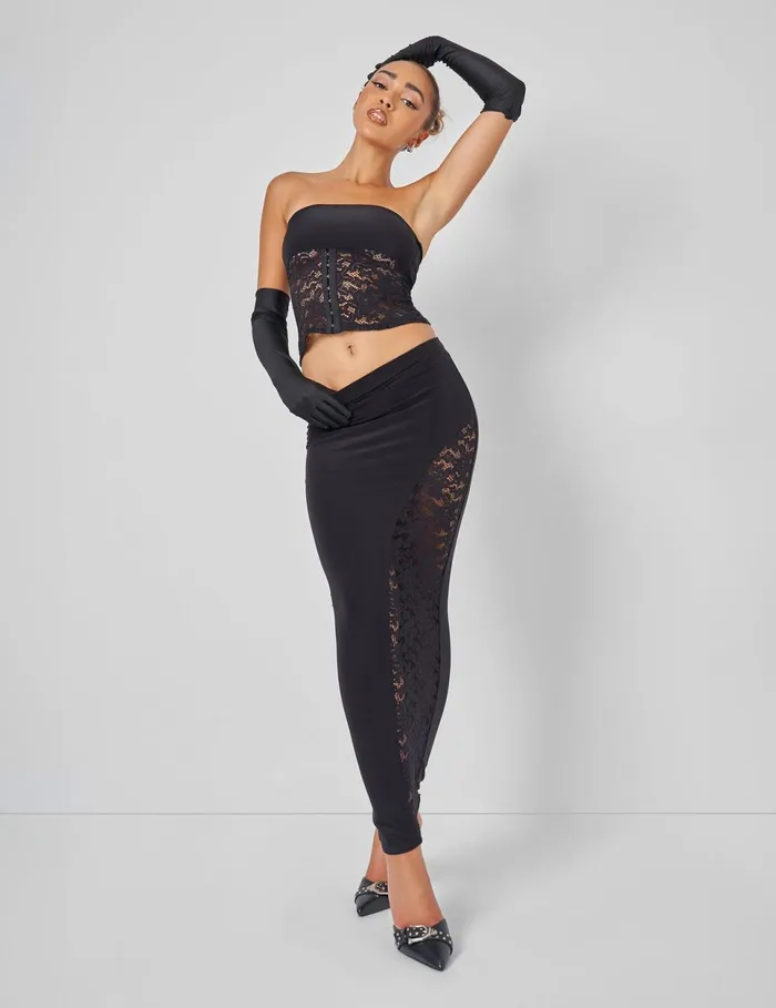Women Public Desire Lace High Split Maxi Skirt Coord In Black Black Public Desire Two Piece Sets Women Public Desire Lace High Split Maxi Skirt Coord In Black Black Public Desire Two Piece Sets