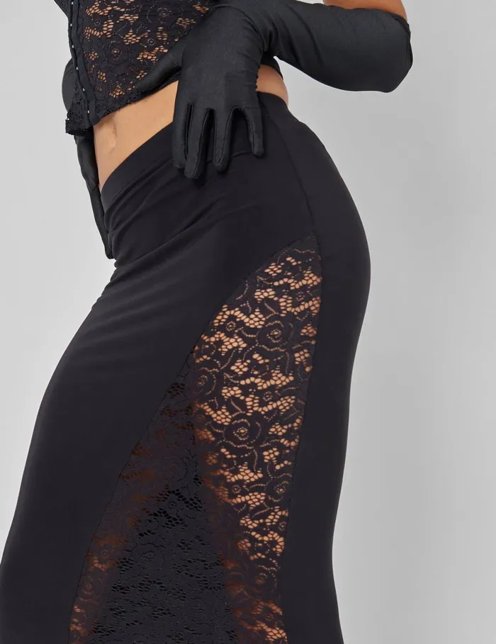 Women Public Desire Lace High Split Maxi Skirt Coord In Black Black Public Desire Two Piece Sets