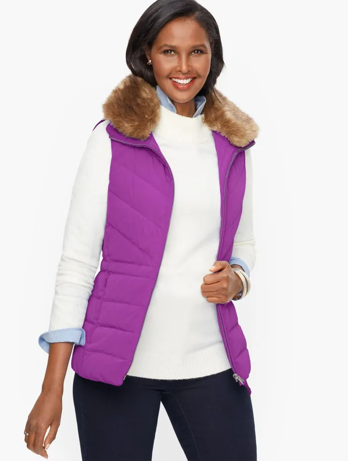 Women Puffers and Quilted Talbots Faux Fur Collar Down Puffer Vest Sparkling Grape