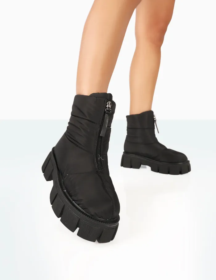 Women Puffy Black Nylon Zip Up Chunky Sole Snow Ankle Boots Black Public Desire Chunky Boots Women Puffy Black Nylon Zip Up Chunky Sole Snow Ankle Boots Black Public Desire Chunky Boots