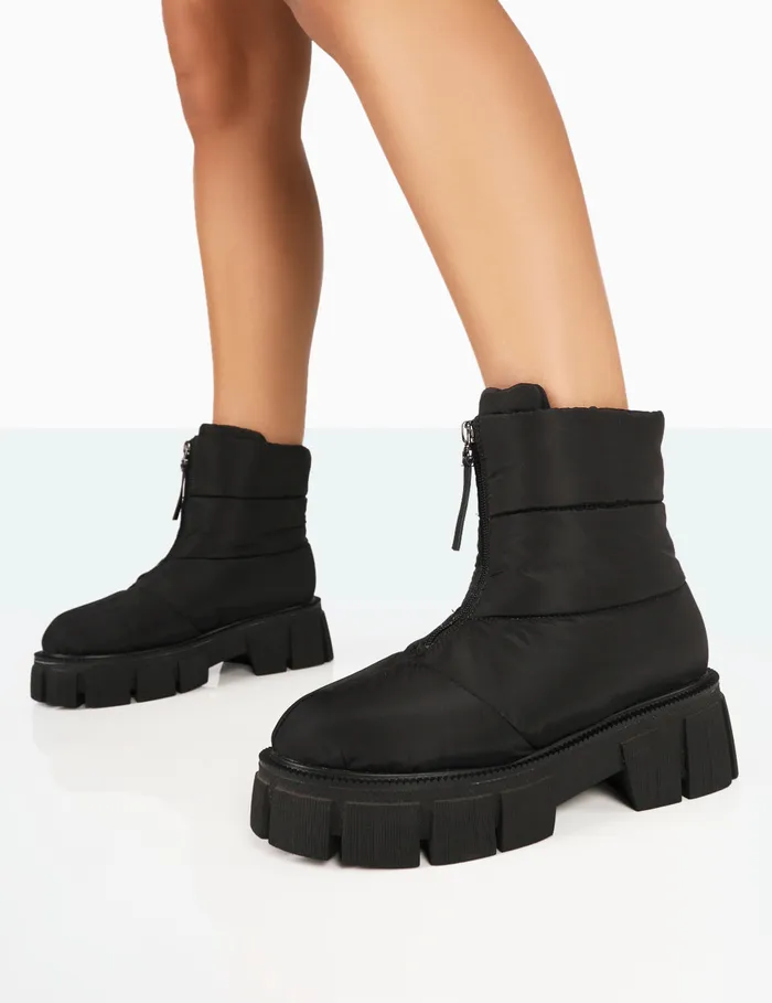 Women Puffy Black Nylon Zip Up Chunky Sole Snow Ankle Boots Black Public Desire Chunky Boots