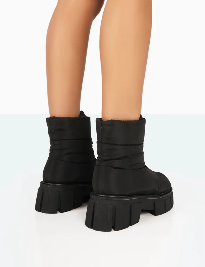 Women Puffy Black Nylon Zip Up Chunky Sole Snow Ankle Boots Black Public Desire Chunky Boots