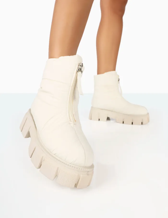 Women Puffy Ecru Nylon Zip Up Chunky Sole Snow Ankle Boots Ecru Public Desire Chunky Boots Women Puffy Ecru Nylon Zip Up Chunky Sole Snow Ankle Boots Ecru Public Desire Chunky Boots