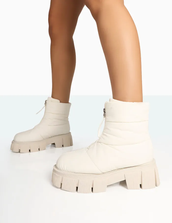 Women Puffy Ecru Nylon Zip Up Chunky Sole Snow Ankle Boots Ecru Public Desire Chunky Boots