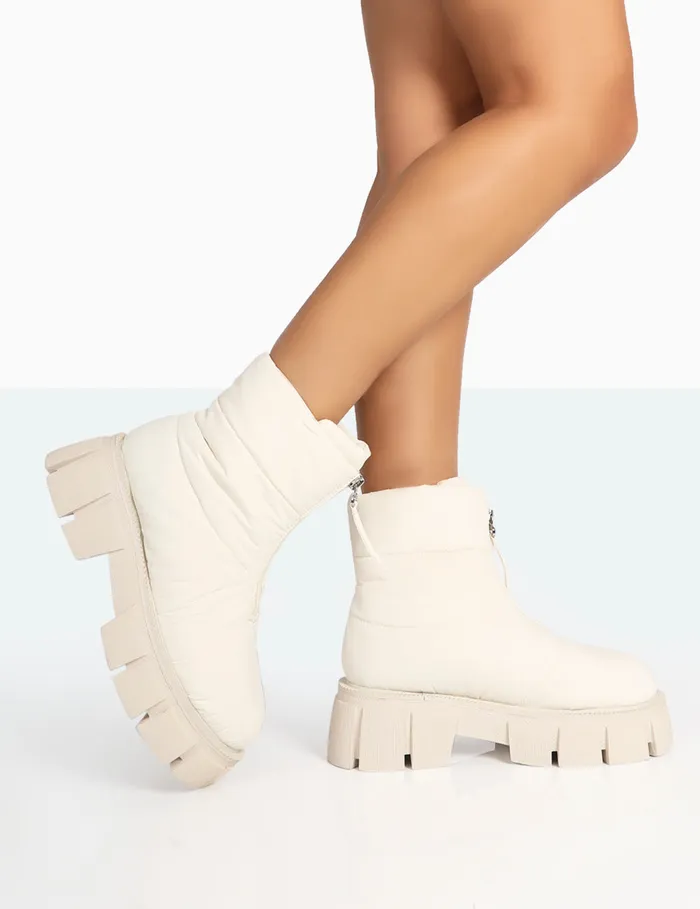 Women Puffy Ecru Nylon Zip Up Chunky Sole Snow Ankle Boots Ecru Public Desire Chunky Boots