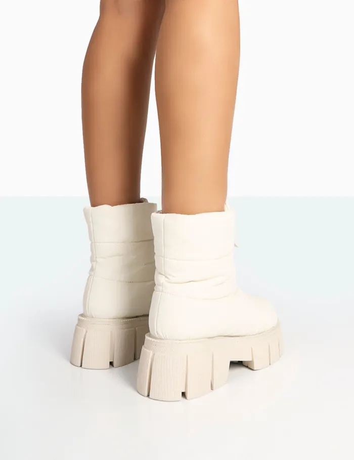 Women Puffy Ecru Nylon Zip Up Chunky Sole Snow Ankle Boots Ecru Public Desire Chunky Boots