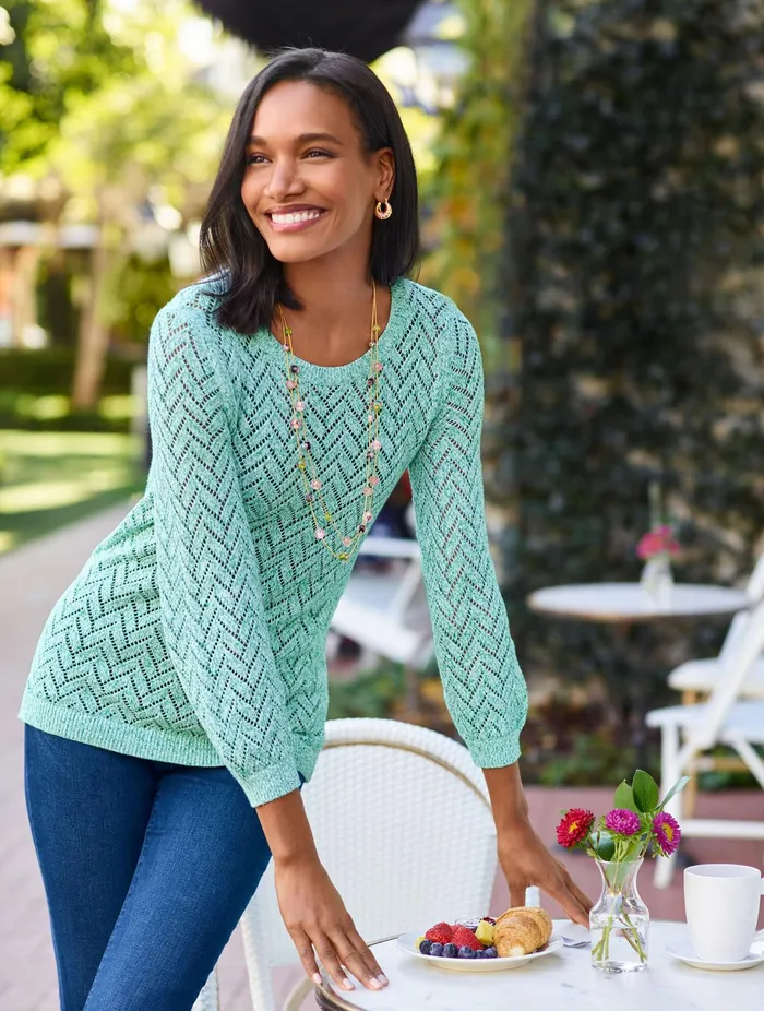 Women Pullovers Talbots Cotton Linen Pointelle Sweater Paradise Greenwhite