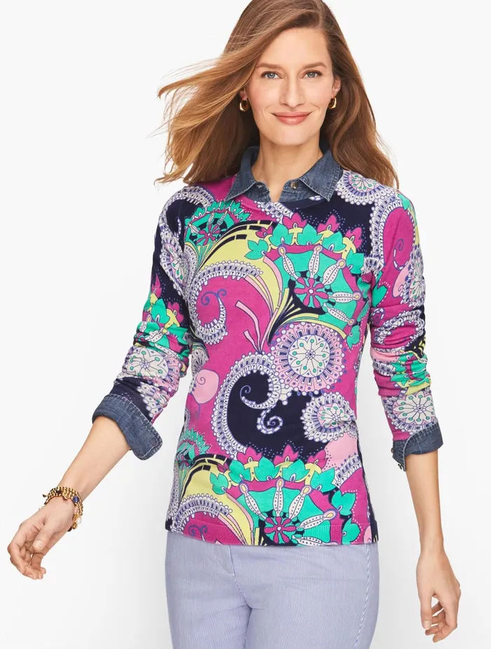 Women Pullovers Talbots Paisley Crewneck Sweater Purple Orchid Multi