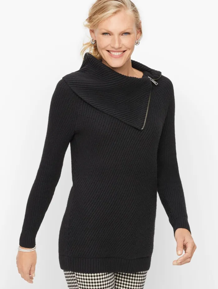 Women Pullovers Talbots Split Neck Cotton Blend Sweater Black