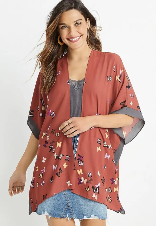 Women Red Butterfly Ruana Maurices Tops