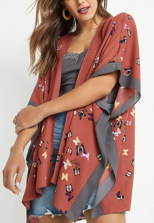 Women Red Butterfly Ruana Maurices Tops