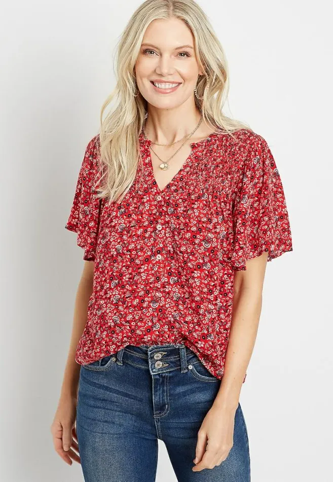 Women Red Ditsy Floral Flutter Sleeve Top Maurices Tops