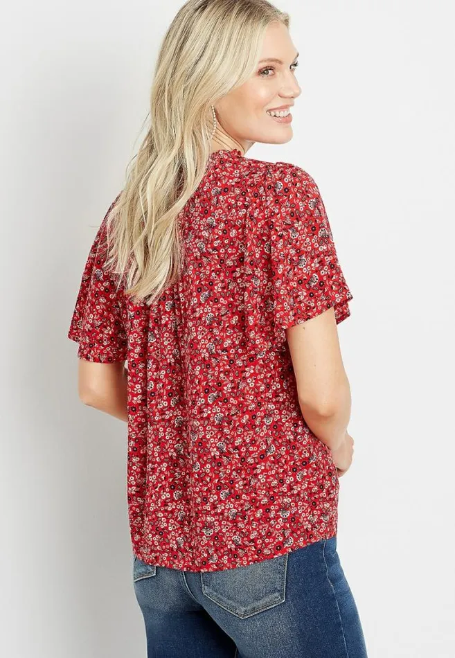 Women Red Ditsy Floral Flutter Sleeve Top Maurices Tops