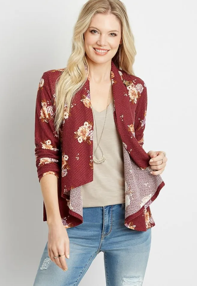 Women Red Floral Asymmetrical Cardigan Maurices Tops