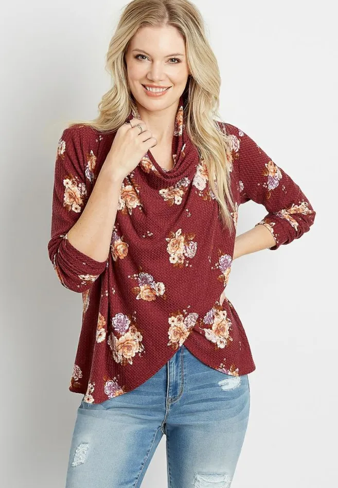 Women Red Floral Asymmetrical Cardigan Maurices Tops