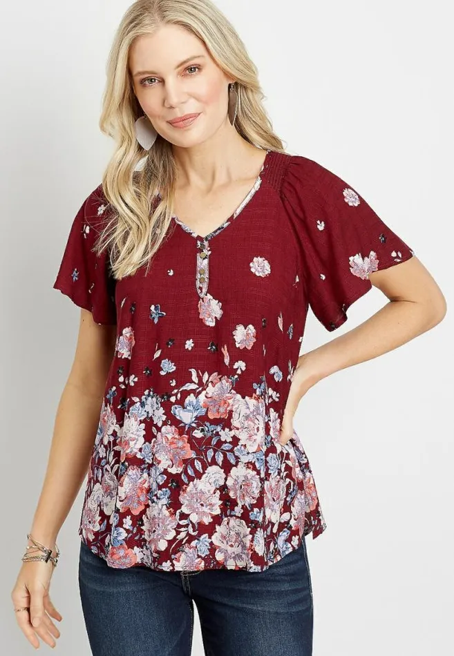 Women Red Floral Flutter Sleeve Button Front Top Maurices Tops