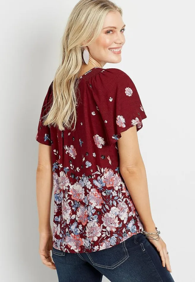 Women Red Floral Flutter Sleeve Button Front Top Maurices Tops