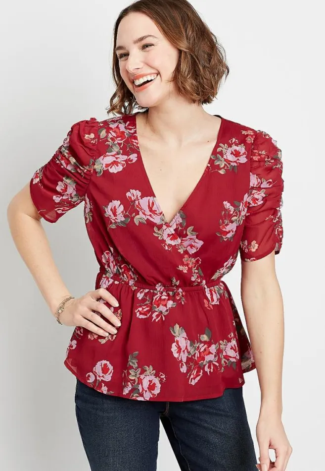 Women Red Floral Mesh Ruched Sleeve Top Maurices Tops