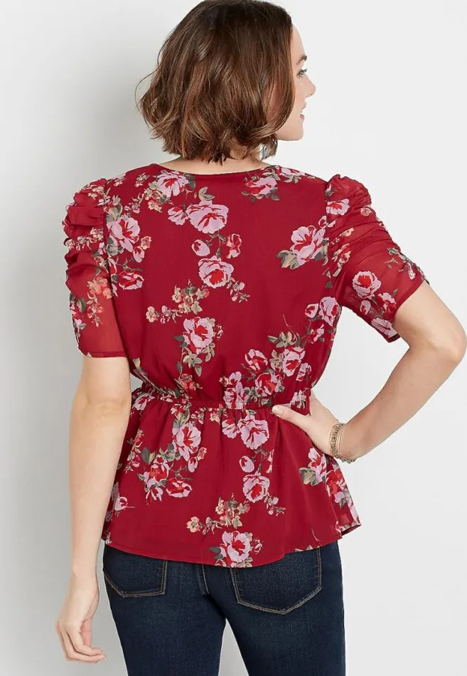 Women Red Floral Mesh Ruched Sleeve Top Maurices Tops
