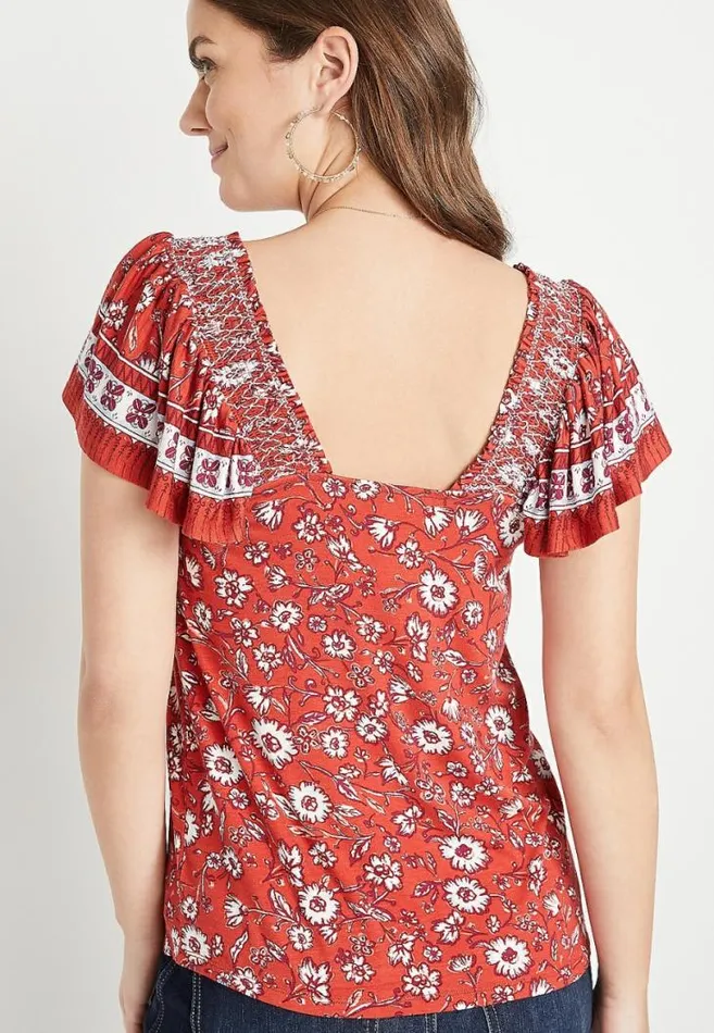 Women Red Floral Smocked Flutter Sleeve Blouse Maurices Tops