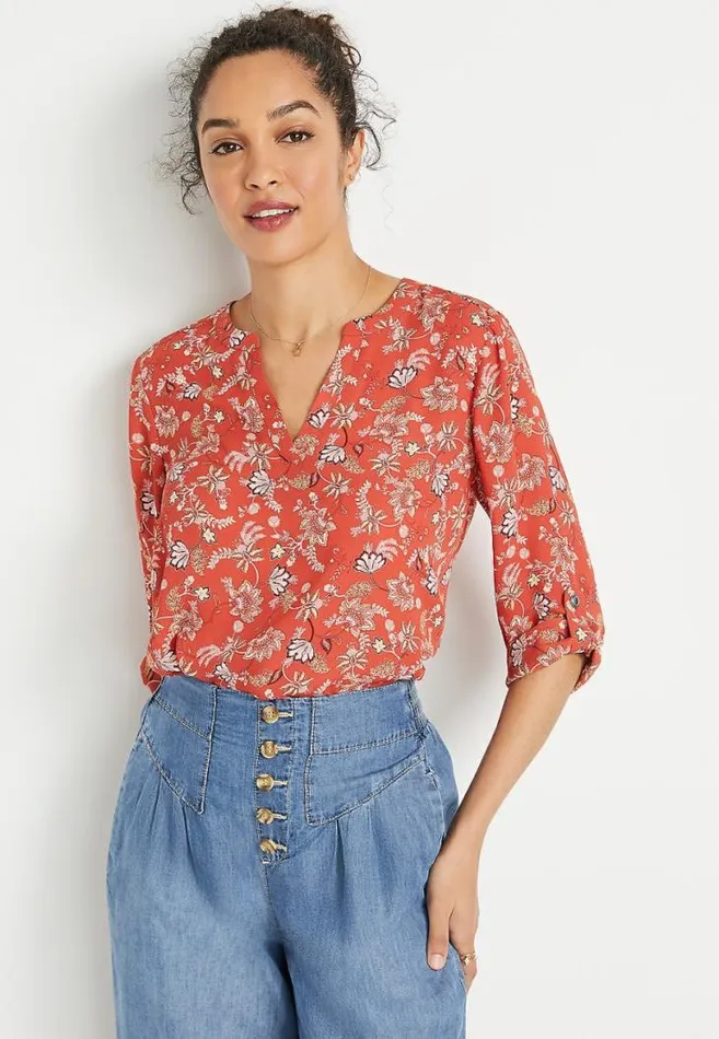 Women Red Paisley Floral 34 Sleeve Popover Blouse Maurices Tops