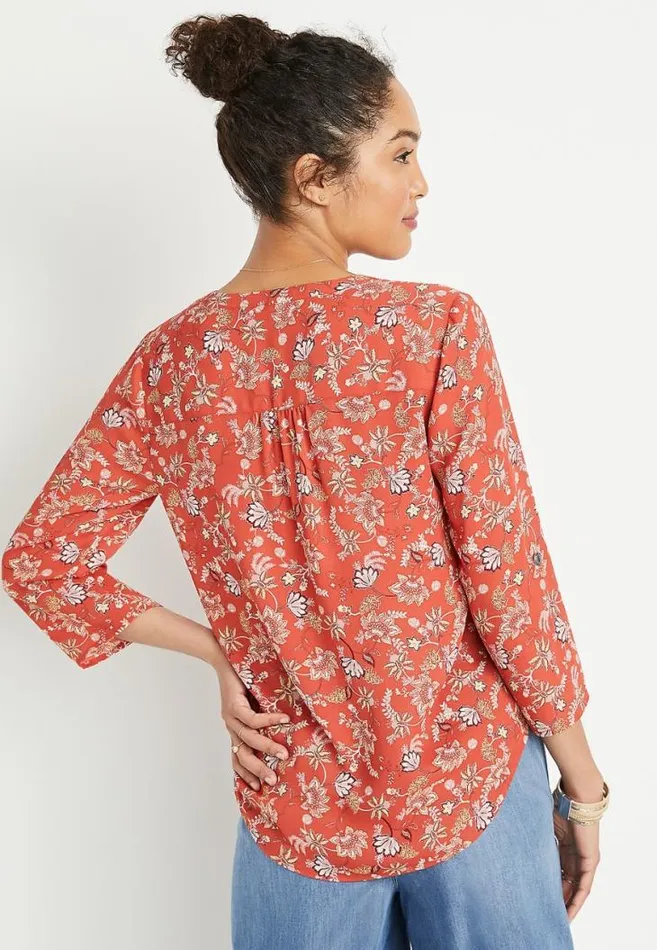 Women Red Paisley Floral 34 Sleeve Popover Blouse Maurices Tops