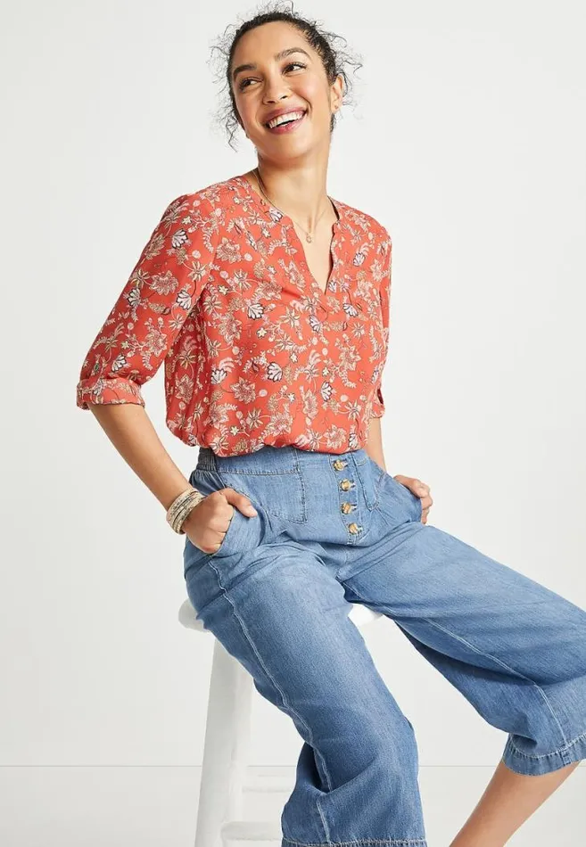 Women Red Paisley Floral 34 Sleeve Popover Blouse Maurices Tops
