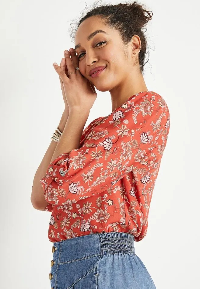 Women Red Paisley Floral 34 Sleeve Popover Blouse Maurices Tops