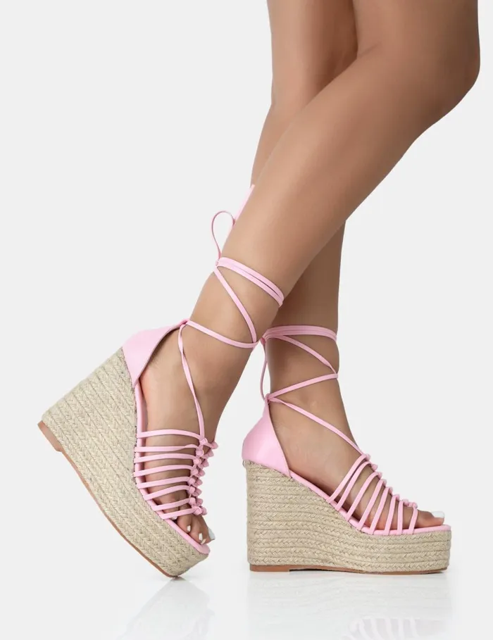 Women Reece Baby Pink PU Knot Strap Lace Up Raffia Wedge Heels Pink Public Desire Holiday