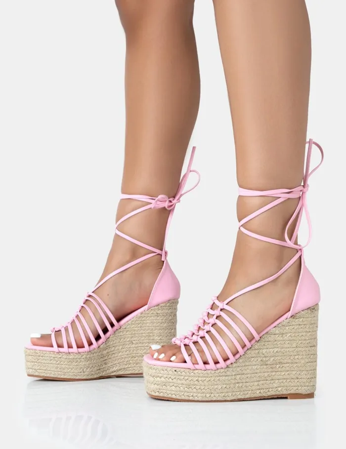 Women Reece Baby Pink PU Knot Strap Lace Up Raffia Wedge Heels Pink Public Desire Holiday
