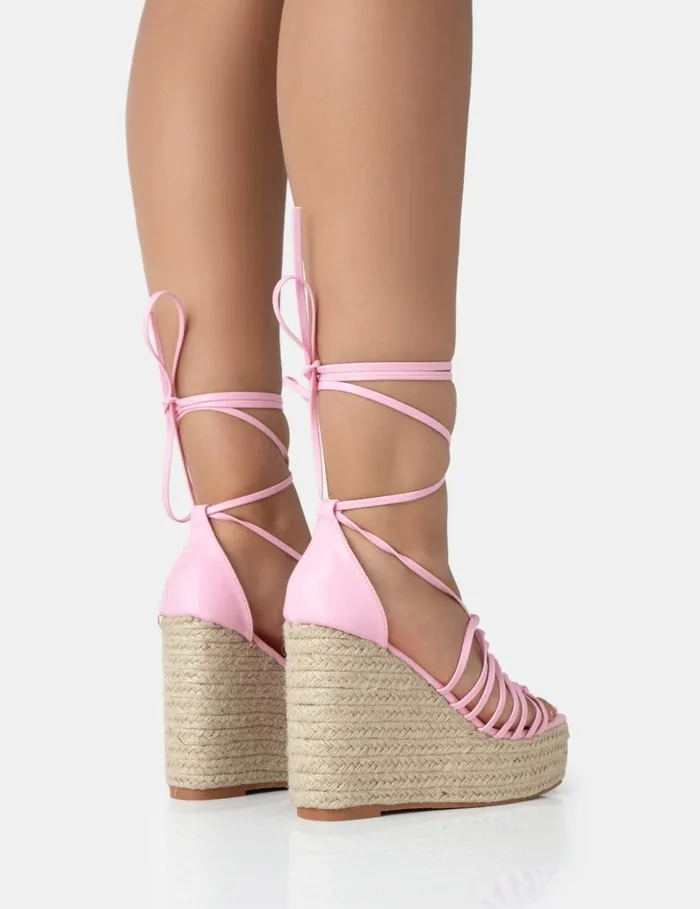 Women Reece Baby Pink PU Knot Strap Lace Up Raffia Wedge Heels Pink Public Desire Holiday