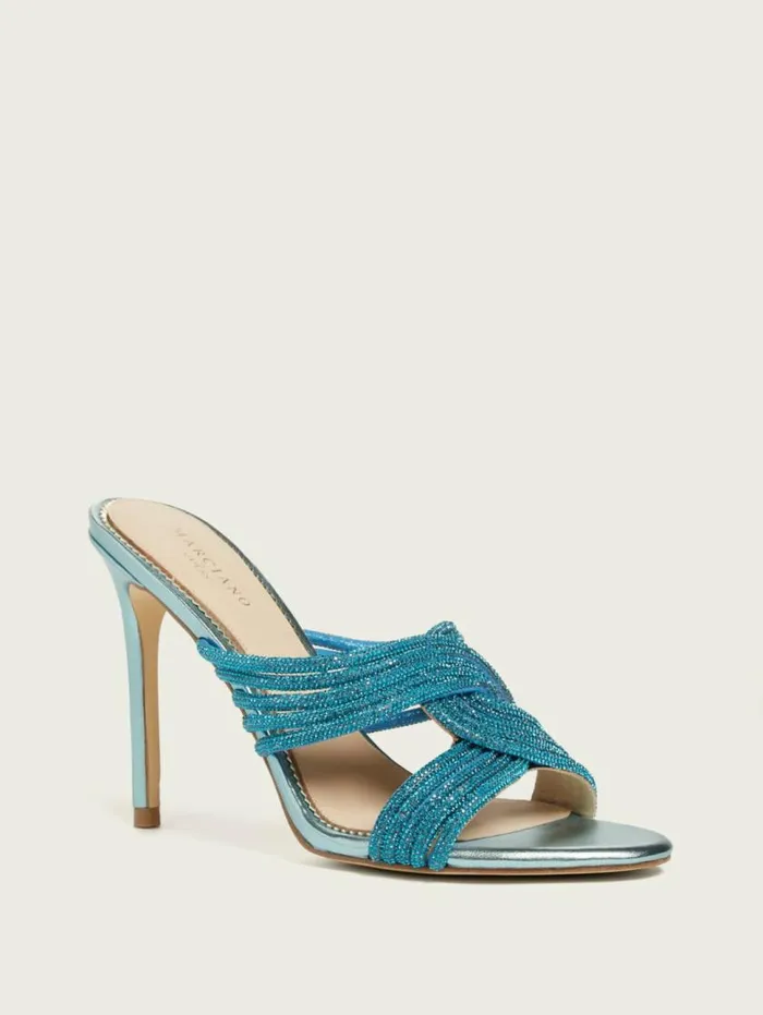 Women Rhinestone Strappy Heel Mid Blue Marciano Shoes