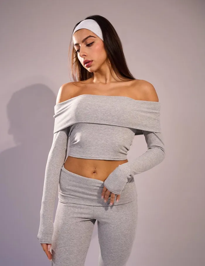 Women Rib Foldover Long Sleeve Top Grey Grey Public Desire Tops