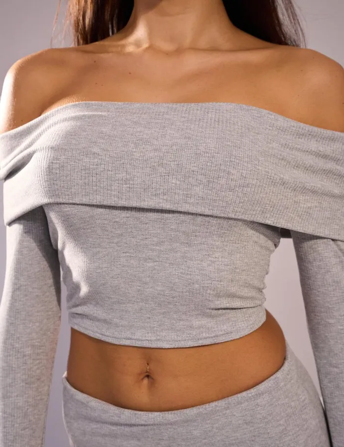 Women Rib Foldover Long Sleeve Top Grey Grey Public Desire Tops