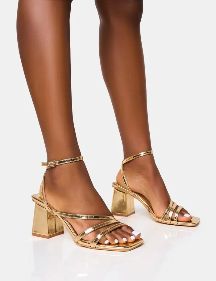 Women Robin Gold Strappy Mid Block Heel Gold Public Desire Block Heels