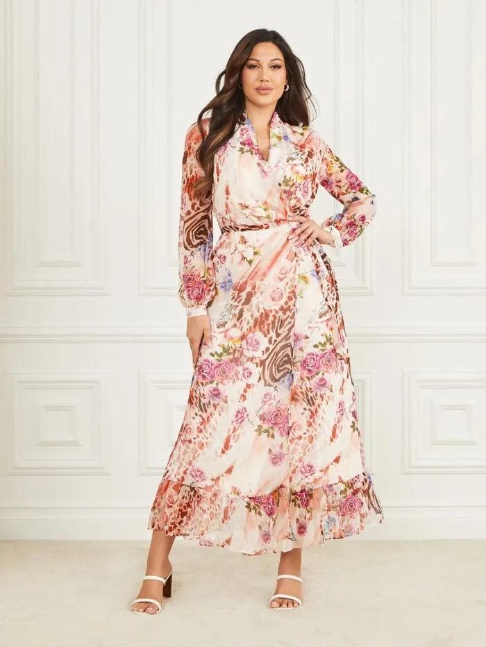 Women Rose Silk Wrap Dress Rose Shadow Print Marciano Dresses