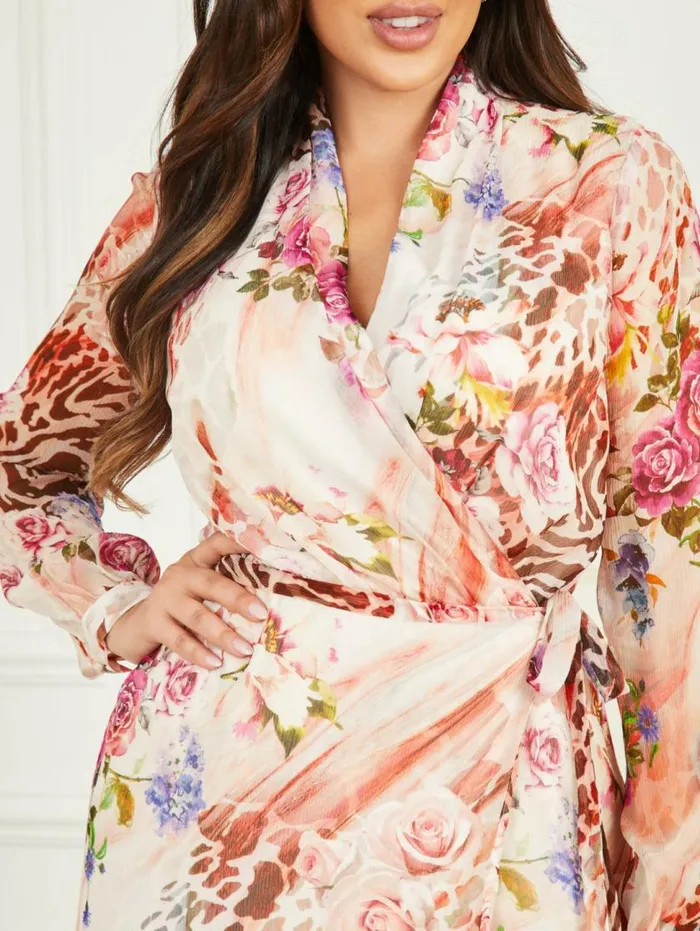 Women Rose Silk Wrap Dress Rose Shadow Print Marciano Dresses Women Rose Silk Wrap Dress Rose Shadow Print Marciano Dresses