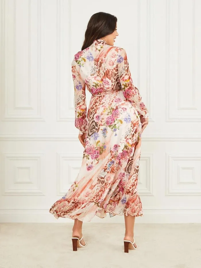 Women Rose Silk Wrap Dress Rose Shadow Print Marciano Dresses Women Rose Silk Wrap Dress Rose Shadow Print Marciano Dresses