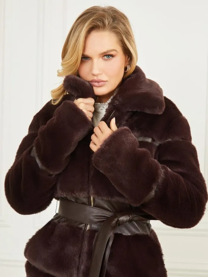 Women Rosetta FauxFur Coat Dark Roast Multi Marciano Jackets