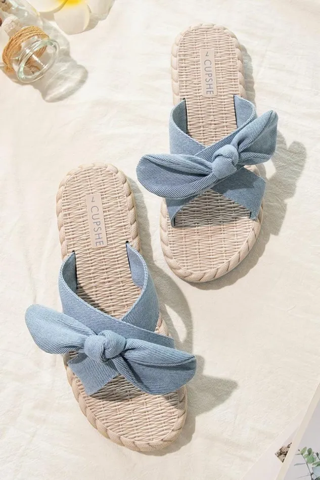 Women Sandals Cupshe Cloverfield Crisscross Bow Knot Slide Sandals Light Blue