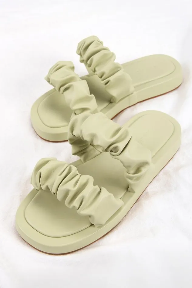 Women Sandals Cupshe Daisy Jane Ruched Double Straps Slide Sandals Light Green