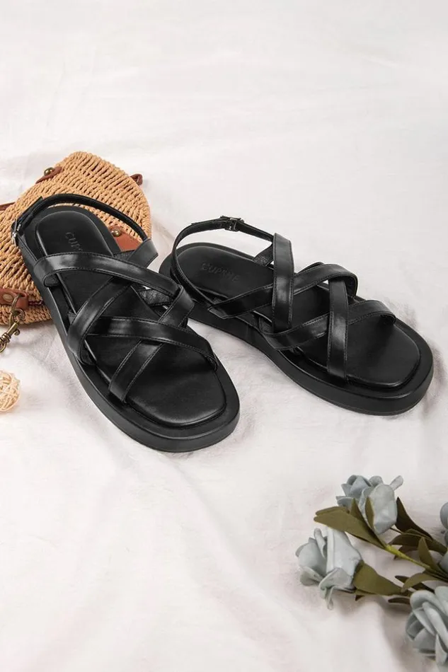 Women Sandals Cupshe Vineyards Black Crisscross Strap Ankle Buckle Slide Sandals Black