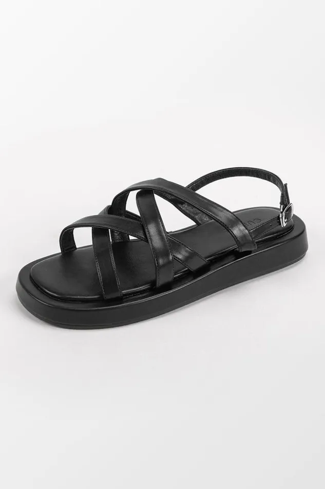 Women Sandals Cupshe Vineyards Black Crisscross Strap Ankle Buckle Slide Sandals Black