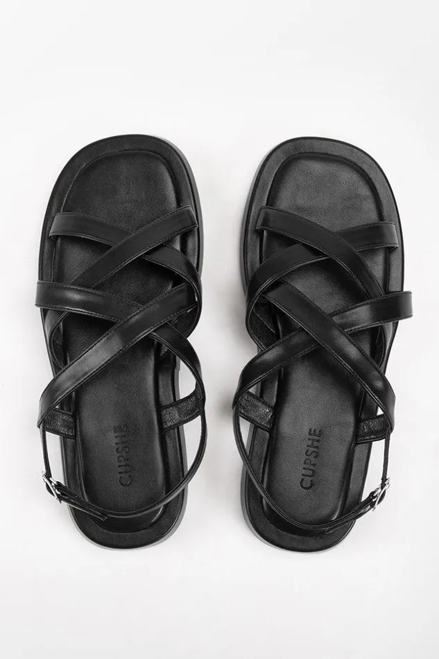 Women Sandals Cupshe Vineyards Black Crisscross Strap Ankle Buckle Slide Sandals Black