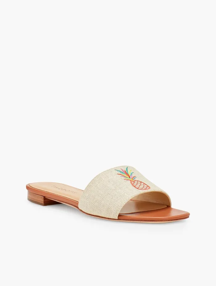 Women Sandals Talbots Violet Embroidered Pineapple Linen Slides Natural