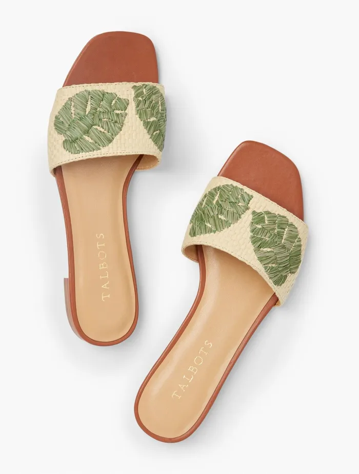 Women Sandals Talbots Violet Embroidered Raffia Slides Natural