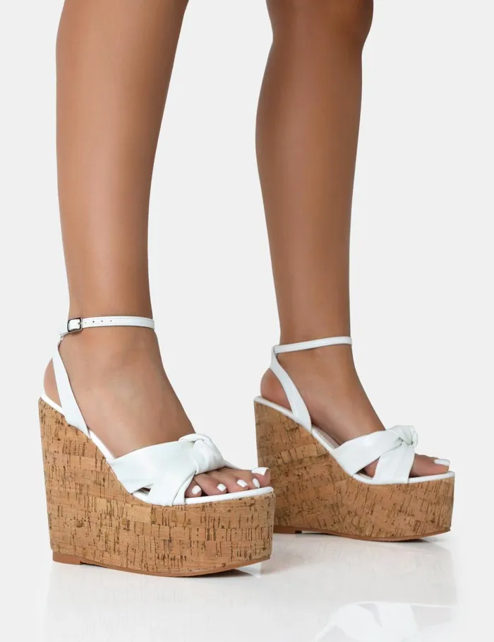 Women Sandy White PU Knot Strap Round Toe Cork Wedge Heels White Public Desire Holiday Women Sandy White PU Knot Strap Round Toe Cork Wedge Heels White Public Desire Holiday