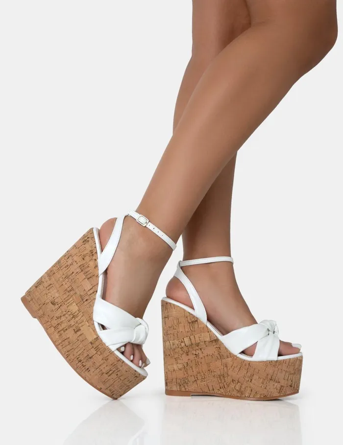 Women Sandy White PU Knot Strap Round Toe Cork Wedge Heels White Public Desire Holiday