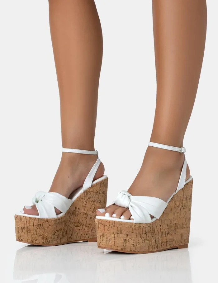Women Sandy White PU Knot Strap Round Toe Cork Wedge Heels White Public Desire Holiday